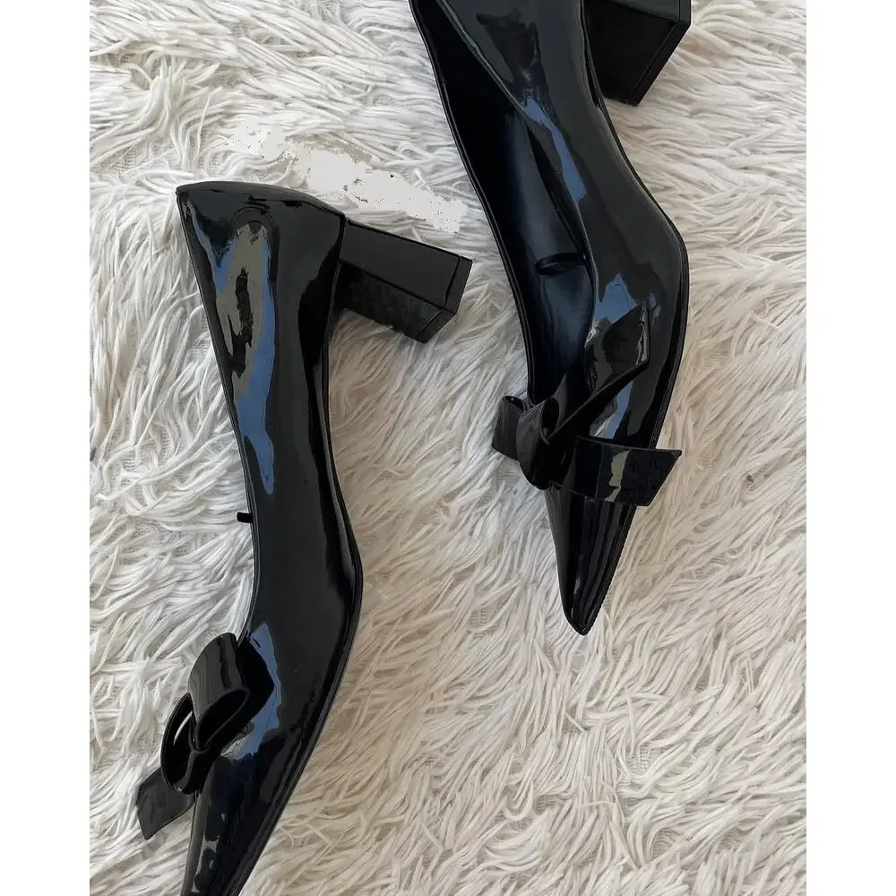 ZARA Black Patent Bow Pumps Pointed Toe Block Heel Office Shoes NWT 6.5